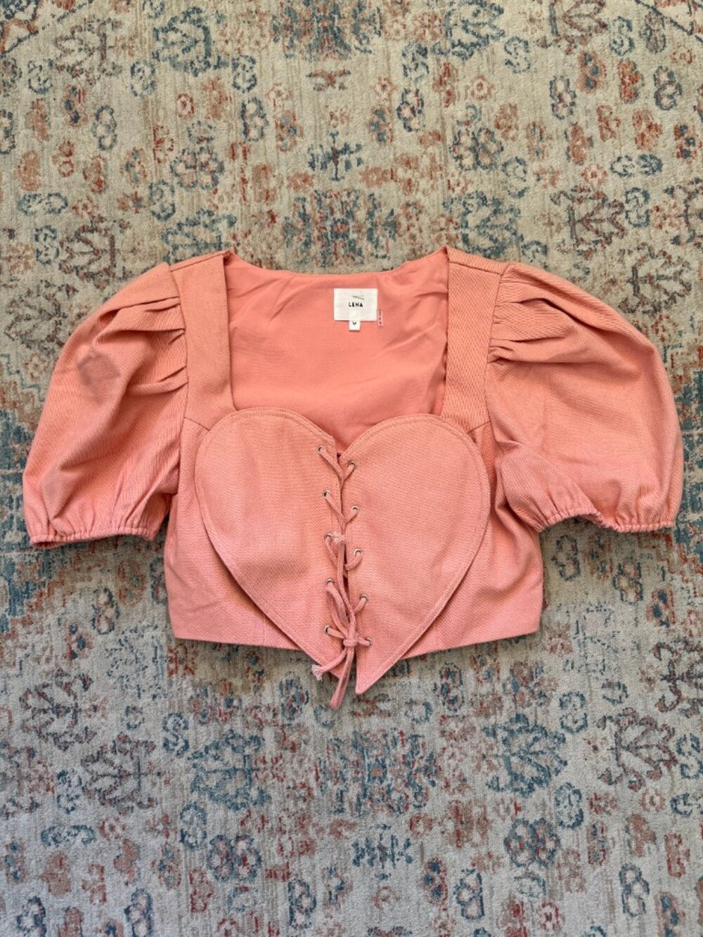 Lena Pink Denim Heart Lace Up Top : Medium